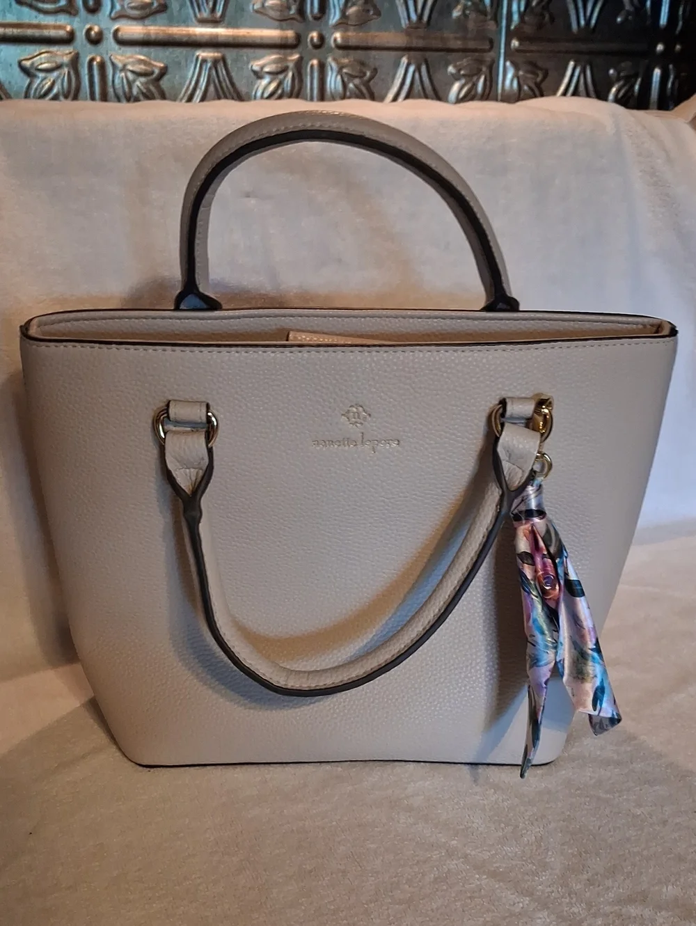 Nanette Lepore Light Gray Pebbled Satchel with Scarf Accent